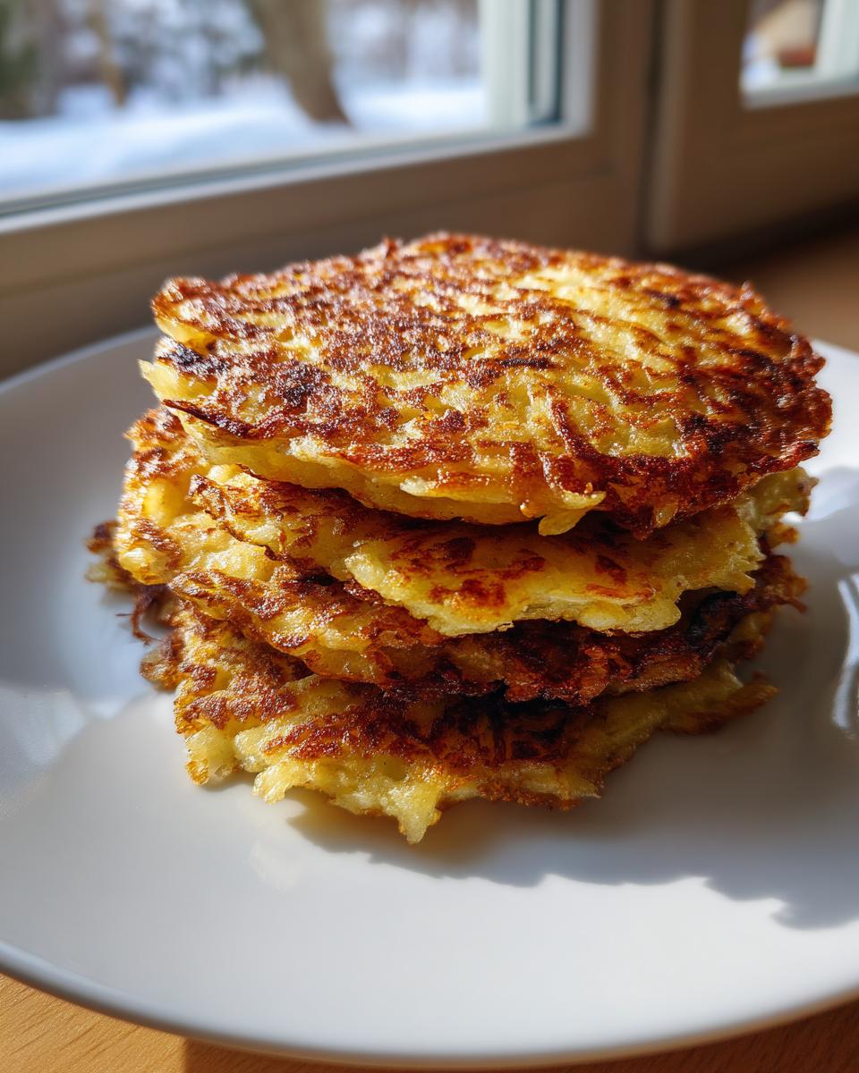 A stack of four golden-brown, crispy potato pancakes served on a white plate near a sunlit window.