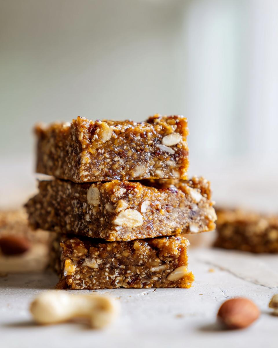 A stack of three dense, chewy homemade granola bars packed with visible nuts and seeds.