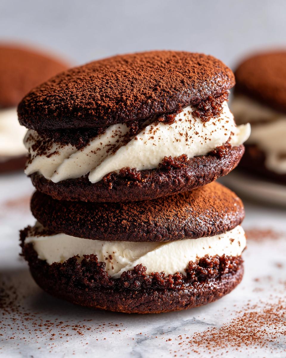 Two decadent tiramisu cookies stacked, featuring dark chocolate wafers and thick mascarpone cream filling, dusted with cocoa powder.