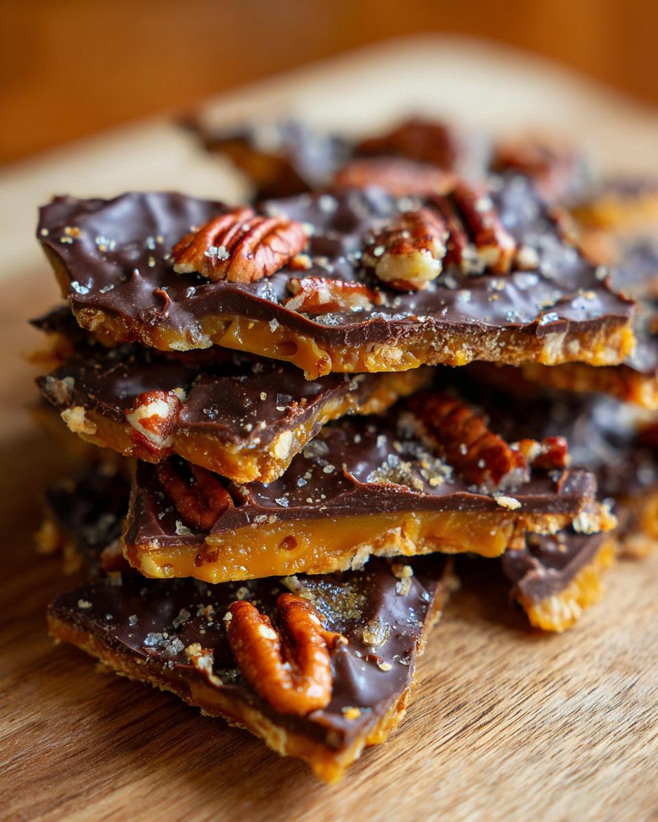 Close-up stack of broken Pecan Pie Bark pieces showing layers of caramel, chocolate, and pecans.