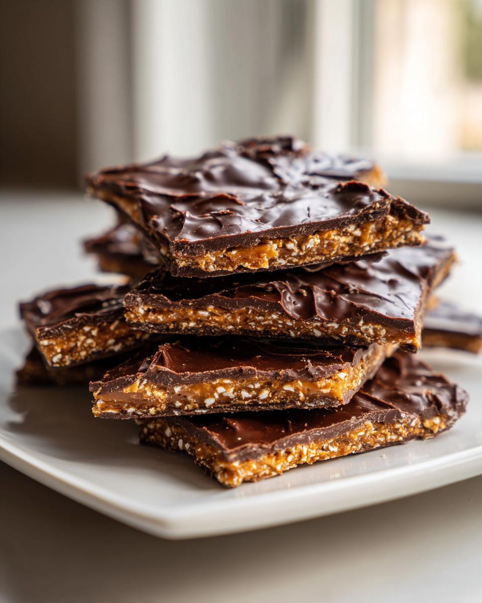 A stack of rich, dark chocolate-covered saltine cracker toffee pieces on a white plate.