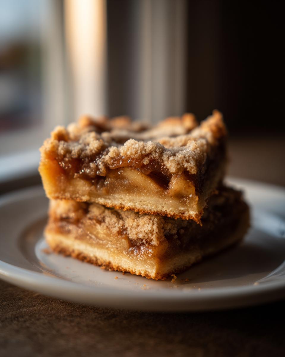 Two stacked apple pie bars featuring a thick, gooey apple filling and a buttery crumble topping.