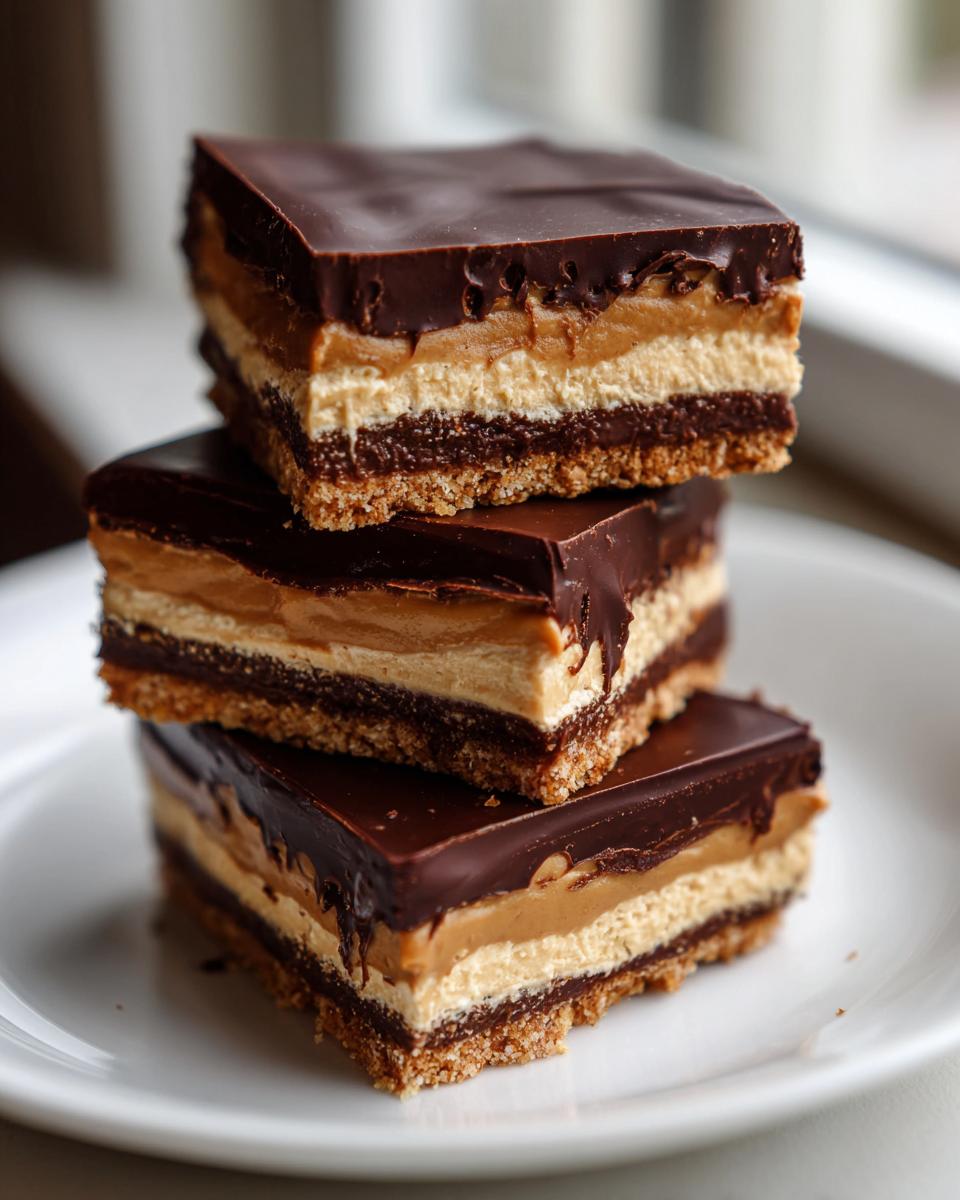 Three stacked squares of rich buckeye graham crackers bars with chocolate, peanut butter, and graham crust layers.