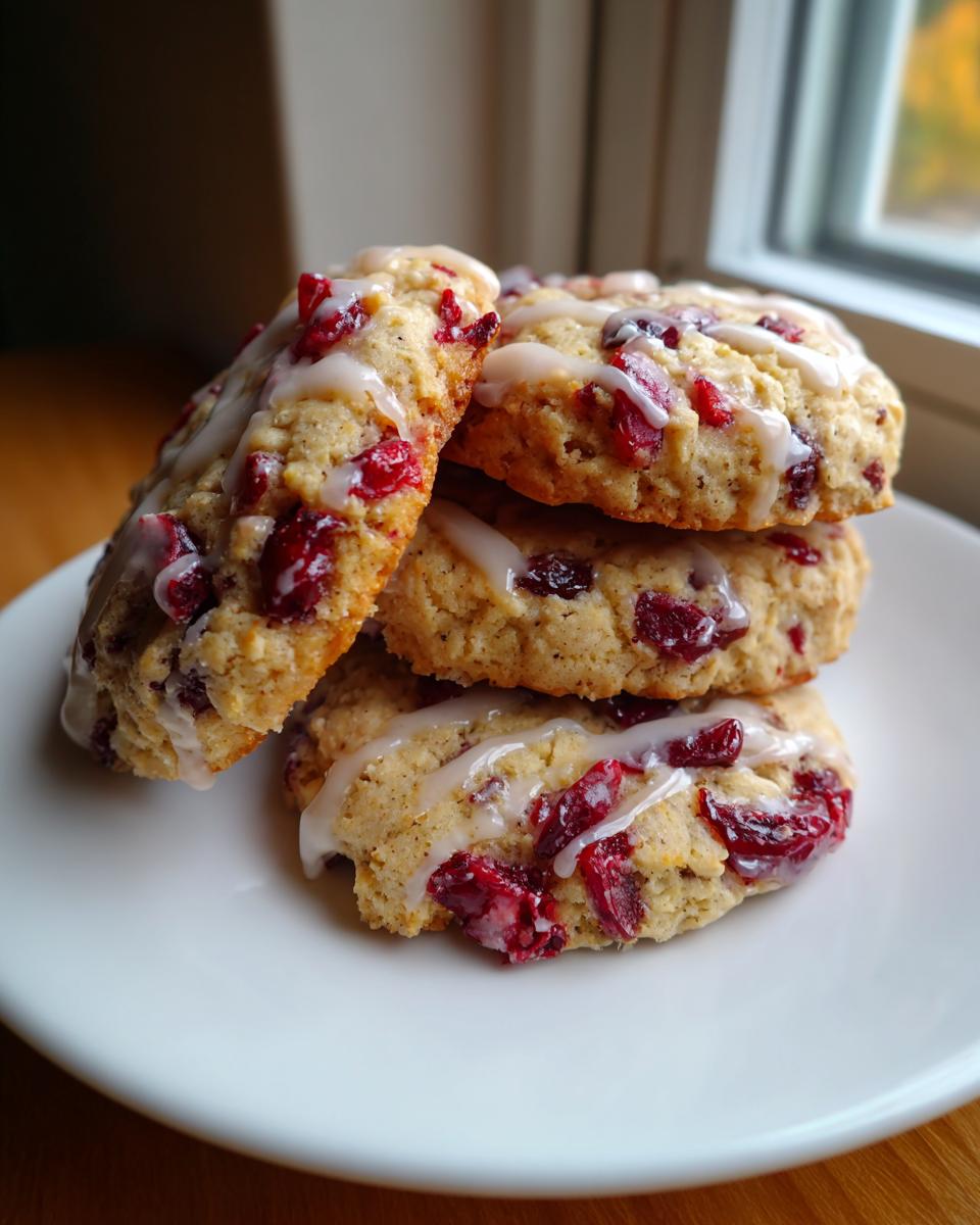 A stack of three delicious cranberry orange cookies drizzled with white icing, resting on a white plate near a window.