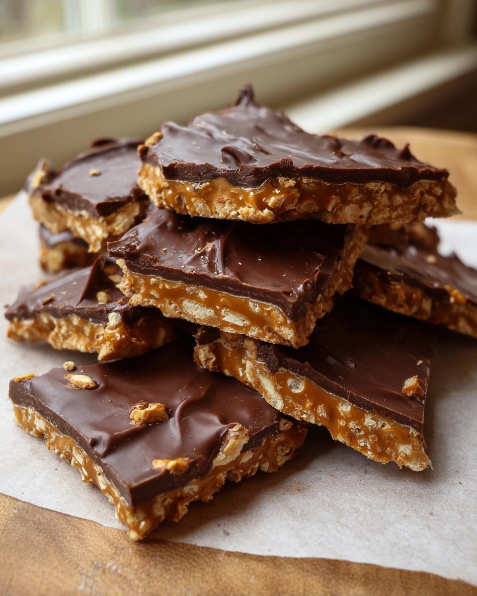 A stack of rich, layered peanut butter pretzel bark pieces topped with melted chocolate.