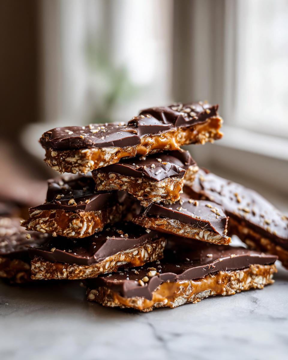 A stack of broken pieces of peanut butter pretzel bark, showing the crunchy base, gooey caramel layer, and dark chocolate topping.