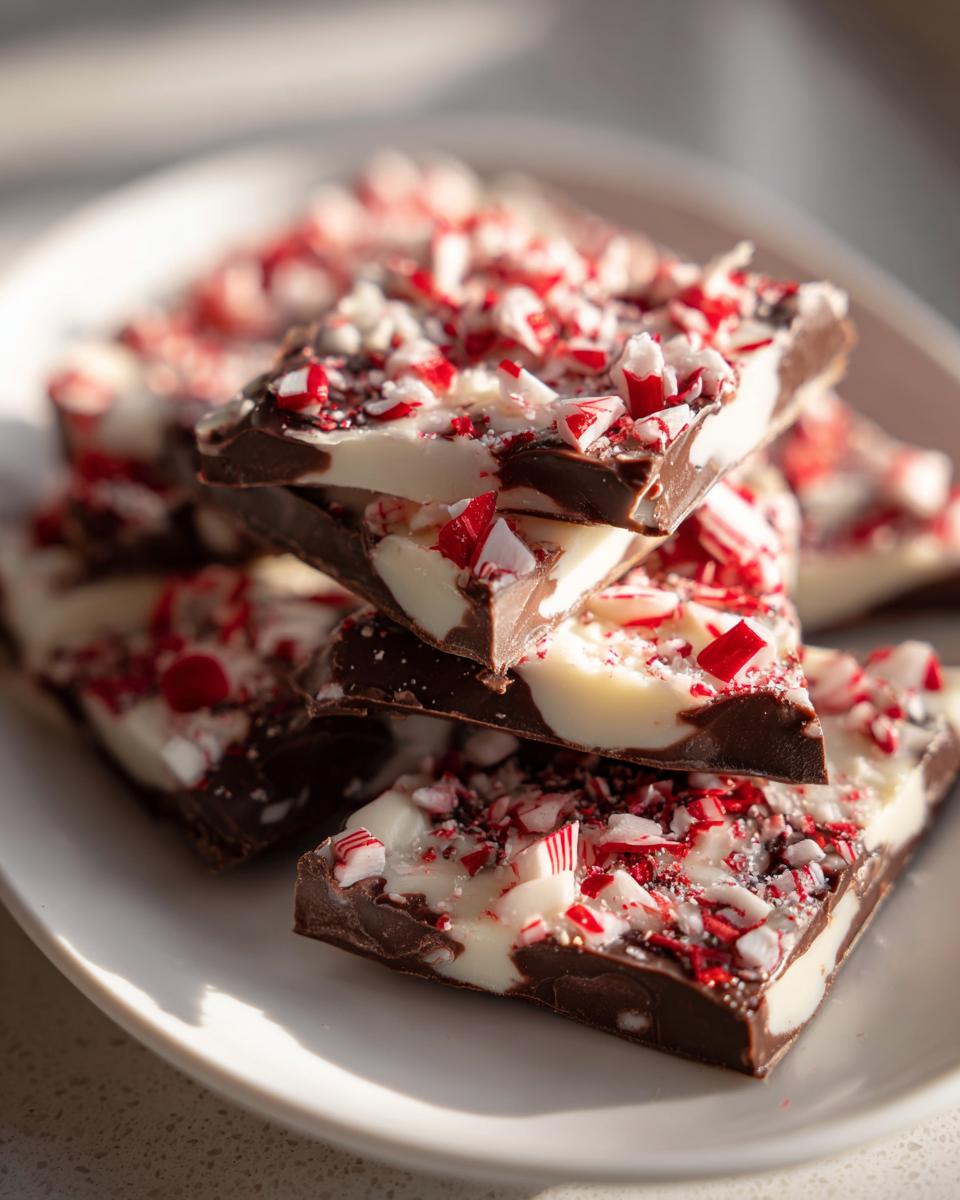 Close-up of stacked squares of dark and white chocolate peppermint bark topped with crushed candy canes.