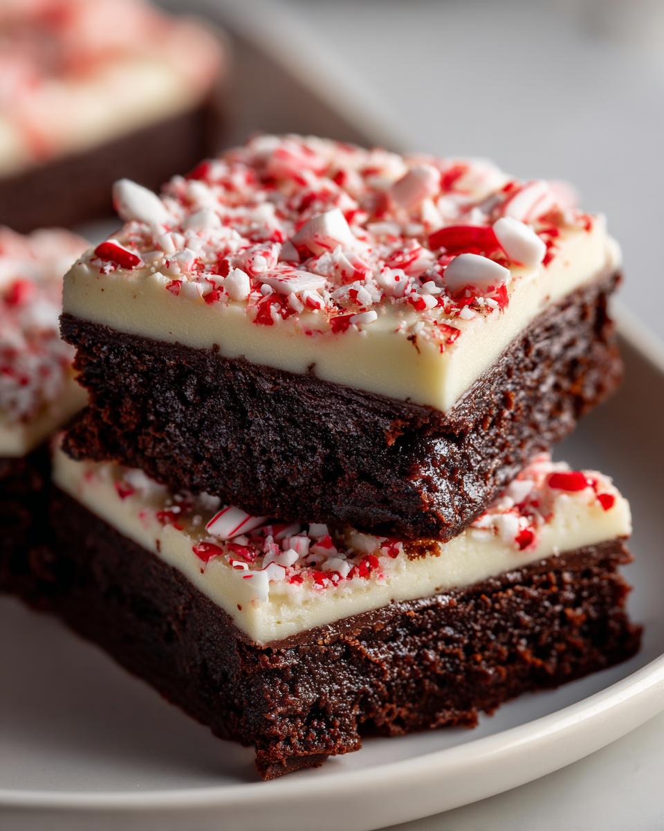 Two stacked, rich chocolate peppermint brownies topped with thick white frosting and crushed candy canes.