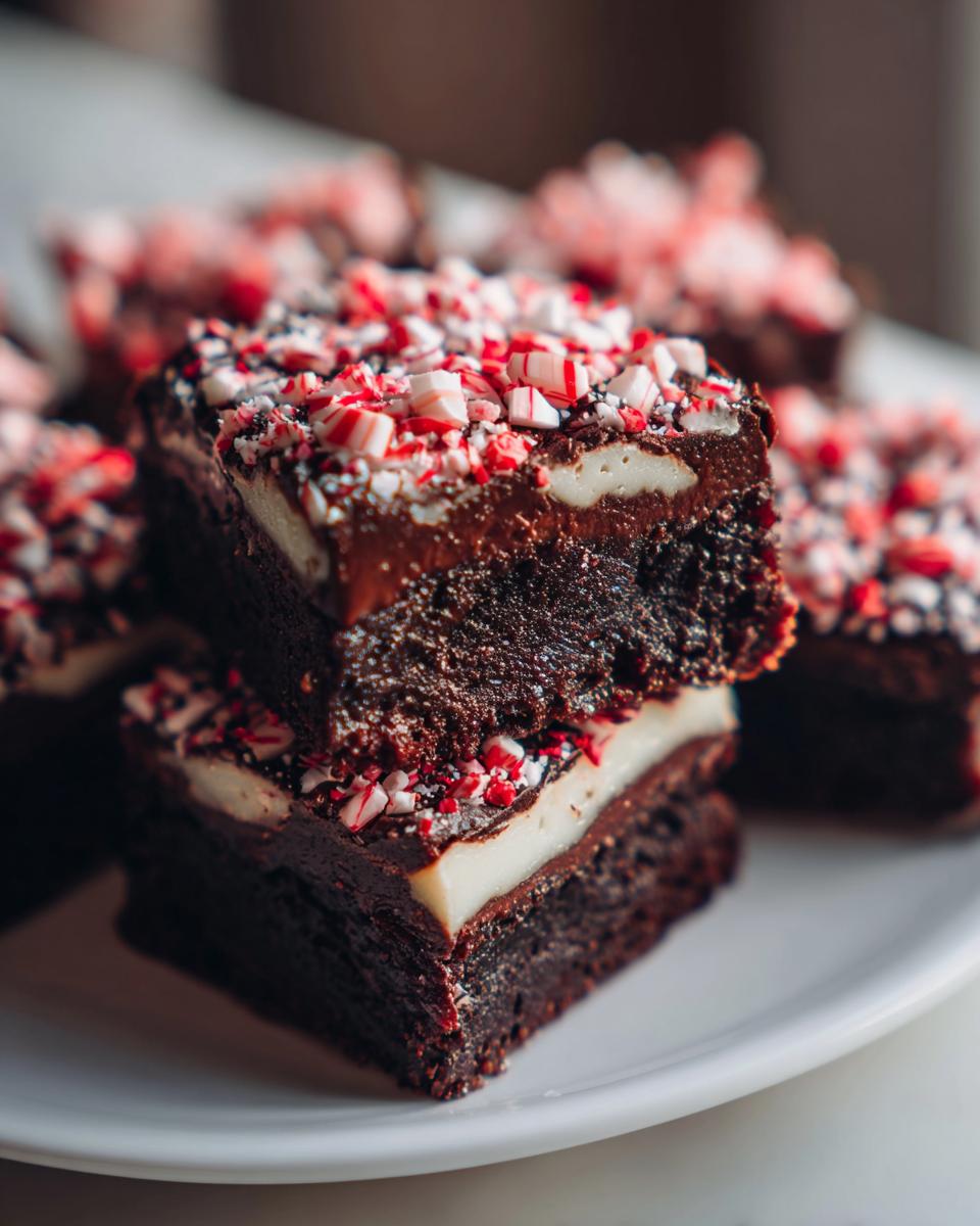 Two stacked, rich chocolate peppermint brownies topped with white frosting and crushed candy canes.
