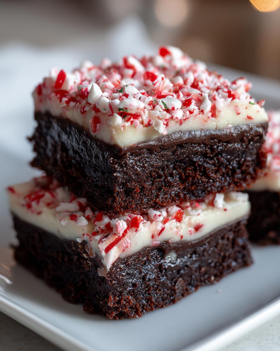 Two stacked, rich, dark chocolate peppermint brownies topped with white frosting and crushed candy canes.