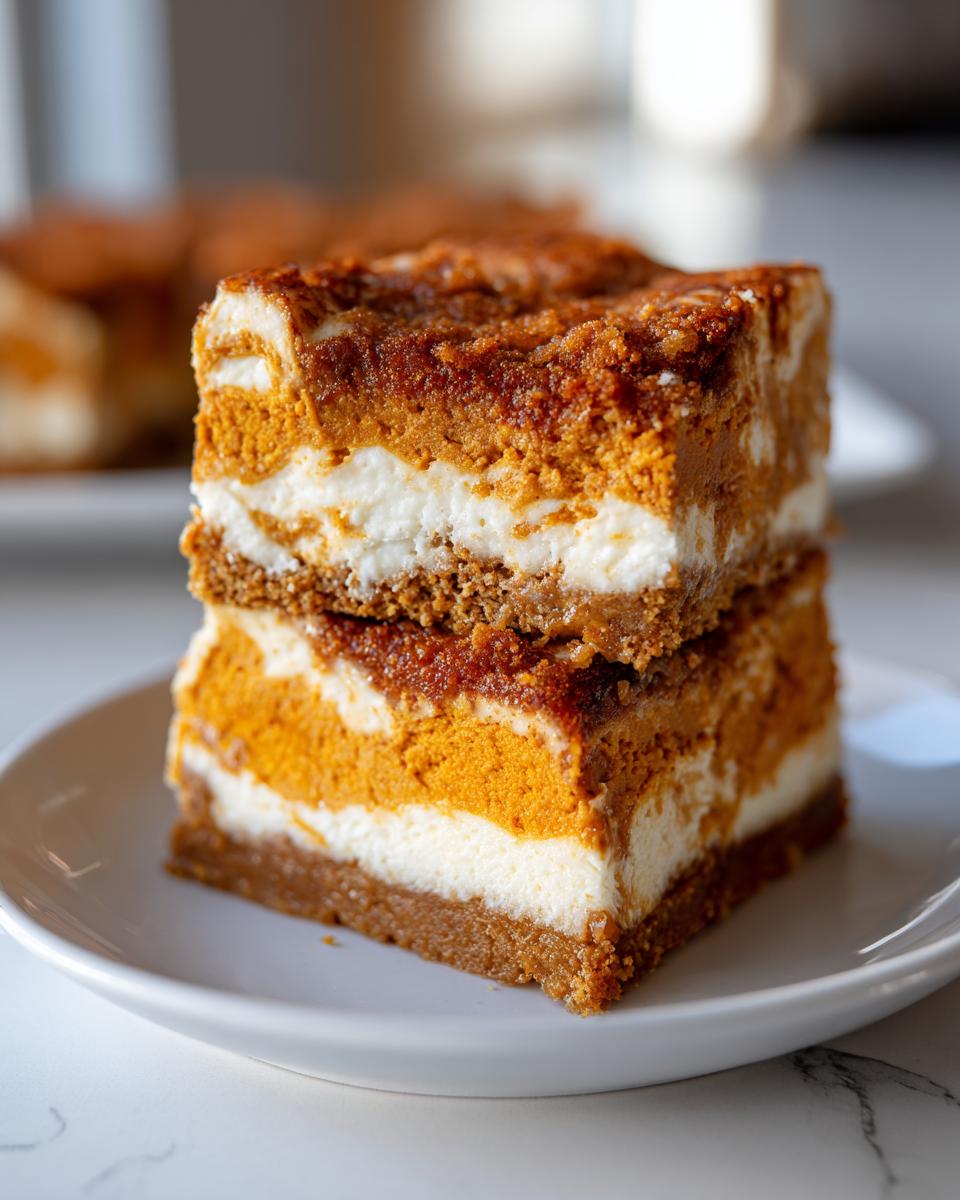 Two stacked squares of layered pumpkin cheesecake bars showing the crust, cream cheese, and pumpkin layers.