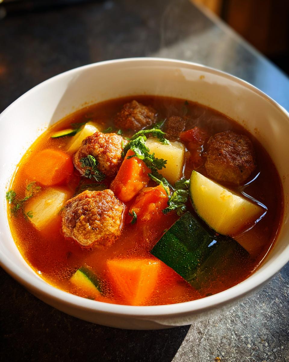 Close-up of a steaming white bowl filled with rich, red albondigas soup featuring meatballs, carrots, potatoes, and zucchini.