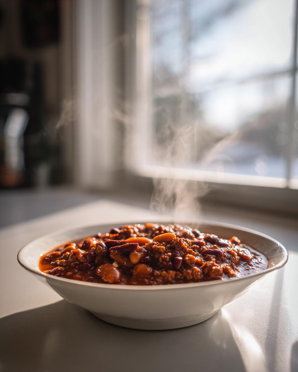 A steaming white bowl filled with rich, hearty high protein chili, set on a countertop near a bright window.