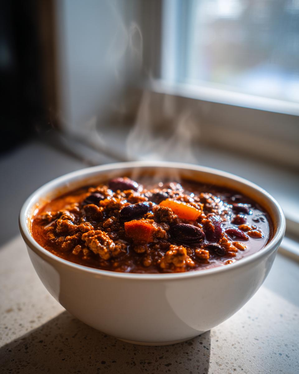 A close-up of a steaming white bowl filled with rich, meaty pumpkin chili, featuring beans and chunks of orange pumpkin.
