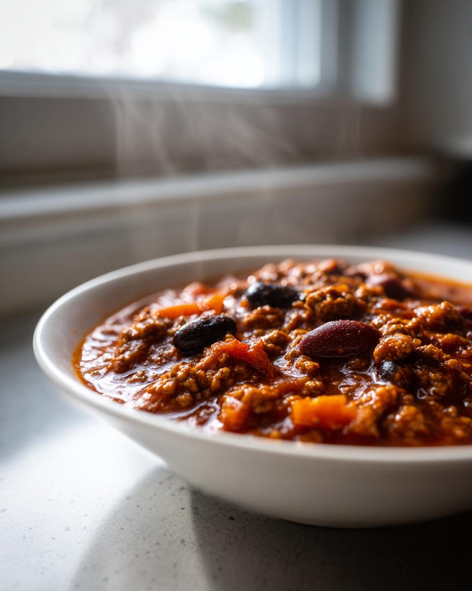 Close-up of a steaming white bowl filled with rich, hearty pumpkin chili featuring ground meat and beans.