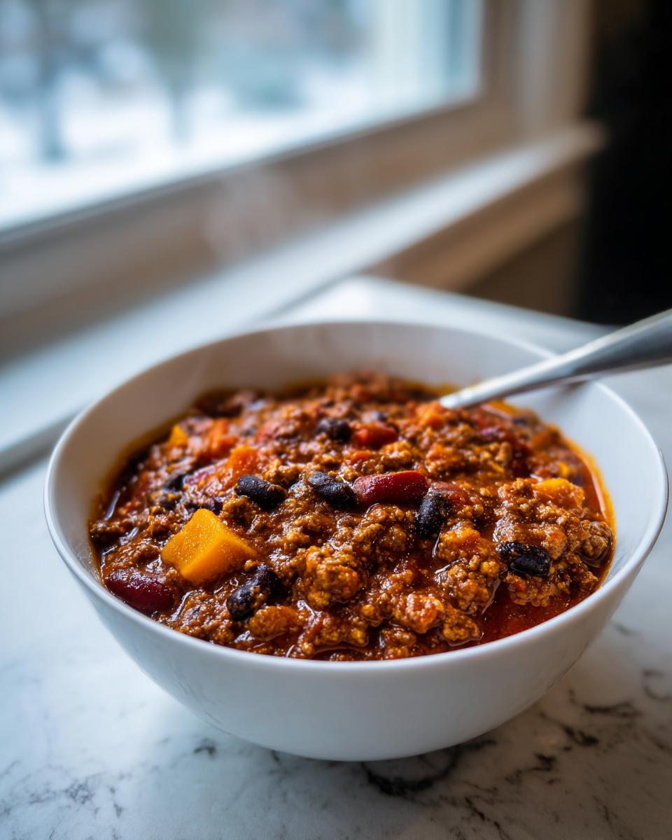 A close-up of a steaming white bowl filled with rich pumpkin chili, featuring ground meat, beans, and chunks of orange squash.