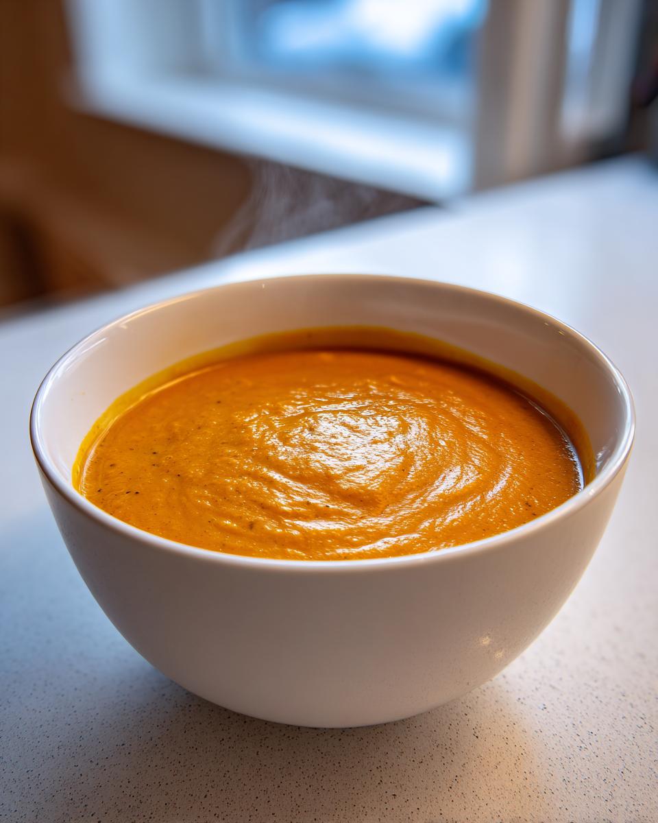 Close-up of a white bowl filled with hot, creamy orange squash soup, showing steam rising.