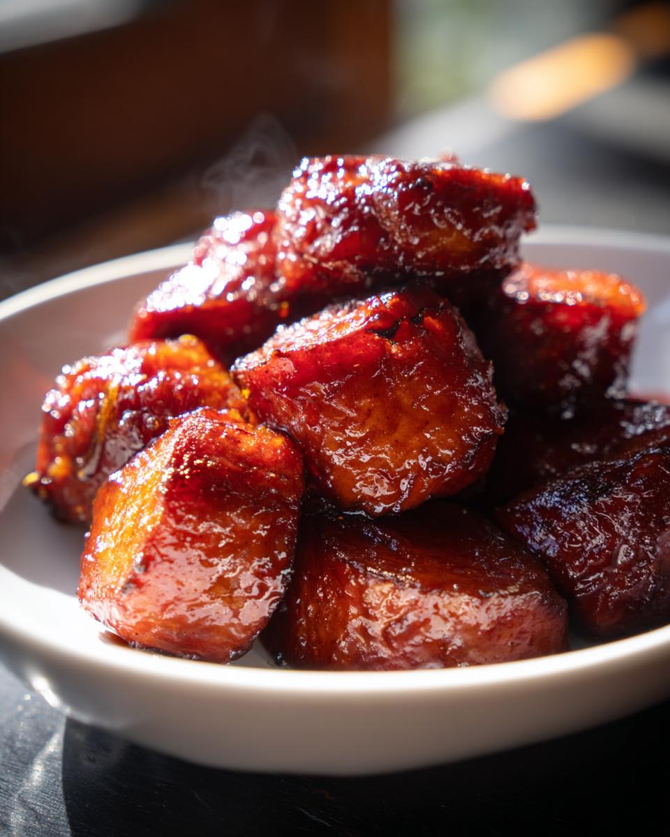 Close-up of steaming, glazed candied sweet potatoes piled high in a white serving bowl.