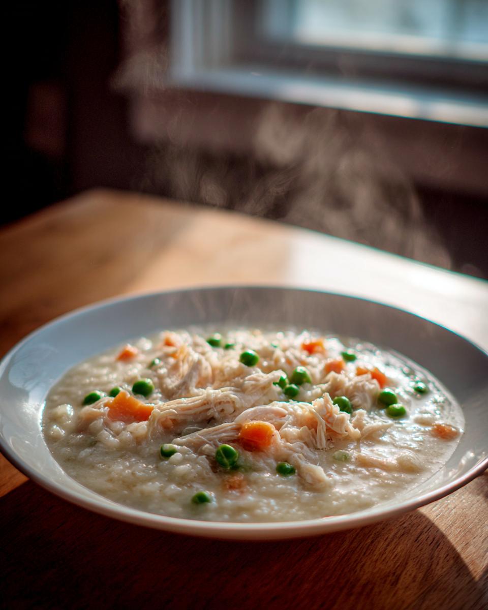 A close-up of a steaming bowl of homemade cream of chicken soup with shredded chicken, peas, and carrots.