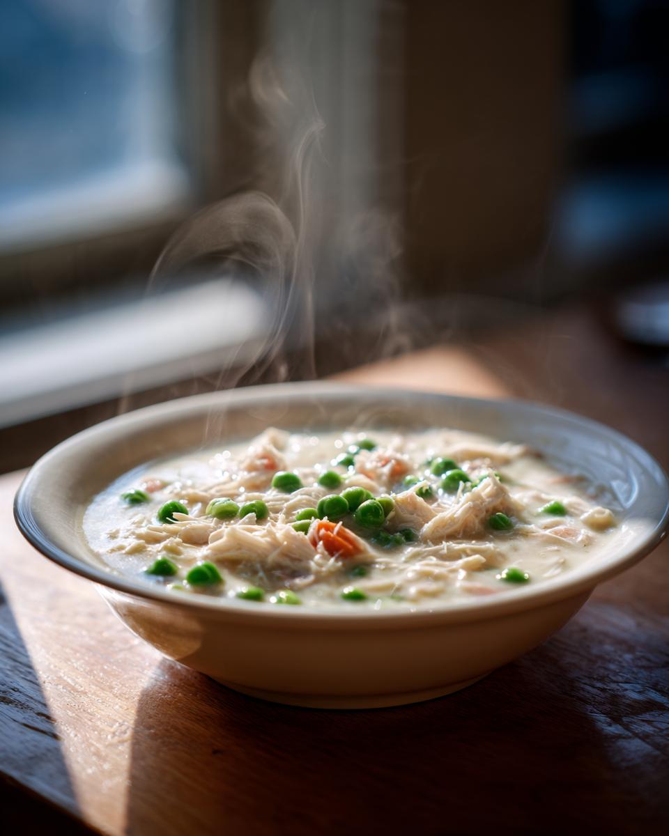 A steaming bowl of homemade cream of chicken soup, filled with shredded chicken, bright green peas, and carrots.