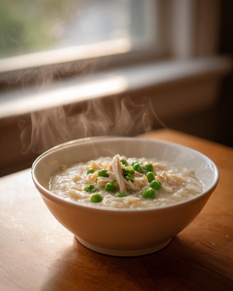 A steaming bowl of homemade cream of chicken soup topped with shredded chicken and bright green peas.