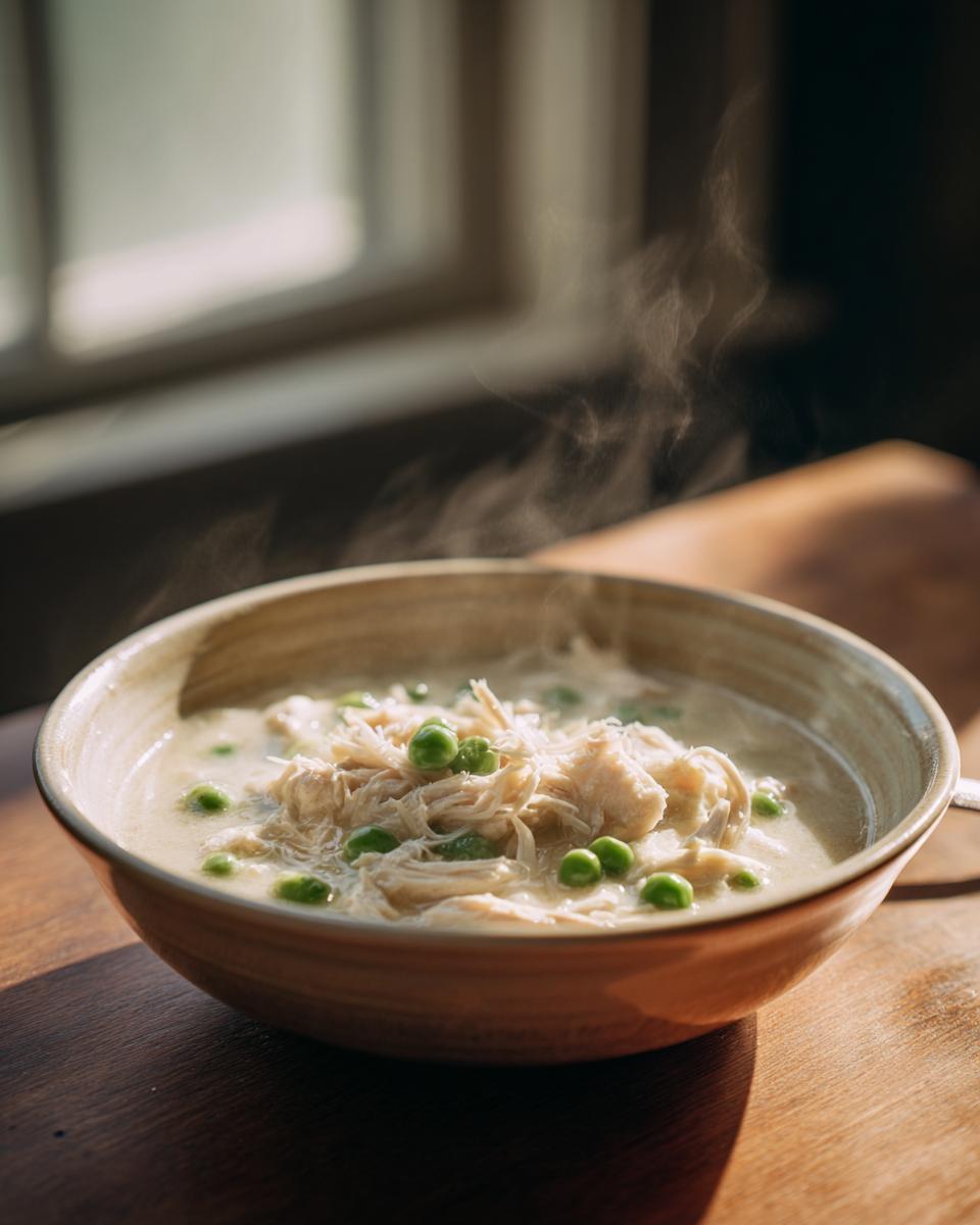 A steaming bowl of homemade cream of chicken soup, featuring shredded chicken and bright green peas.