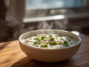 A steaming white bowl filled with homemade cream of chicken soup topped with bright green peas.