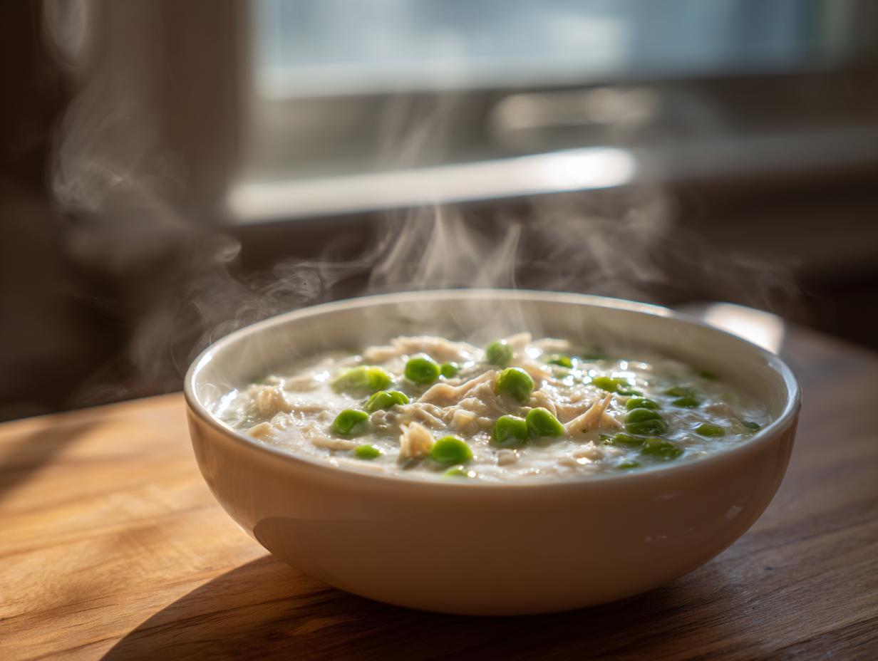 A steaming white bowl filled with homemade cream of chicken soup topped with bright green peas.