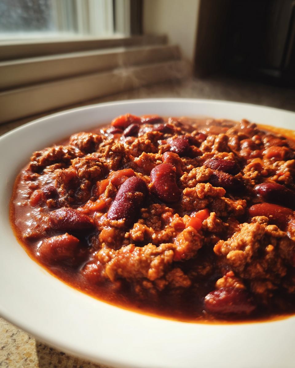 Close-up of a steaming white bowl filled with rich, hearty high protein chili featuring ground meat and dark red kidney beans.
