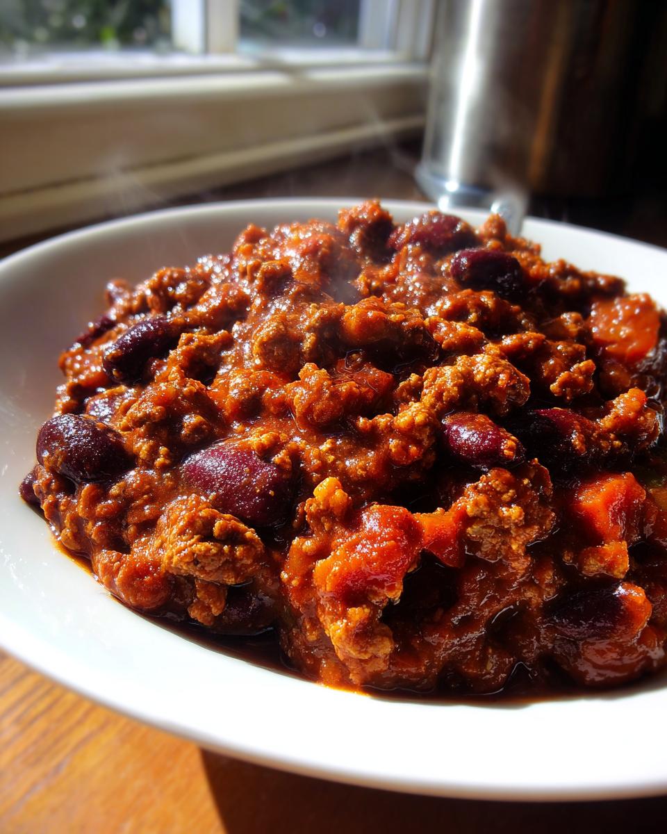 Close-up of a steaming bowl filled with rich, hearty high protein chili, featuring ground meat and dark red kidney beans.