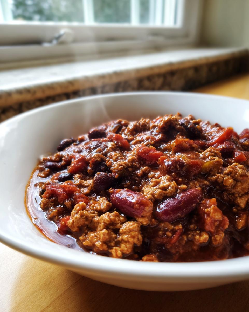 Close-up of a steaming white bowl filled with rich, hearty high protein chili featuring ground meat and kidney beans.