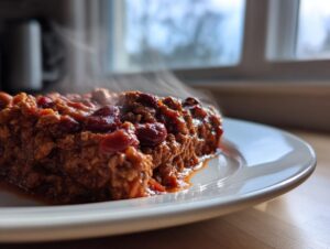 A close-up shot of a steaming portion of rich, thick high protein chili with kidney beans served on a white plate.