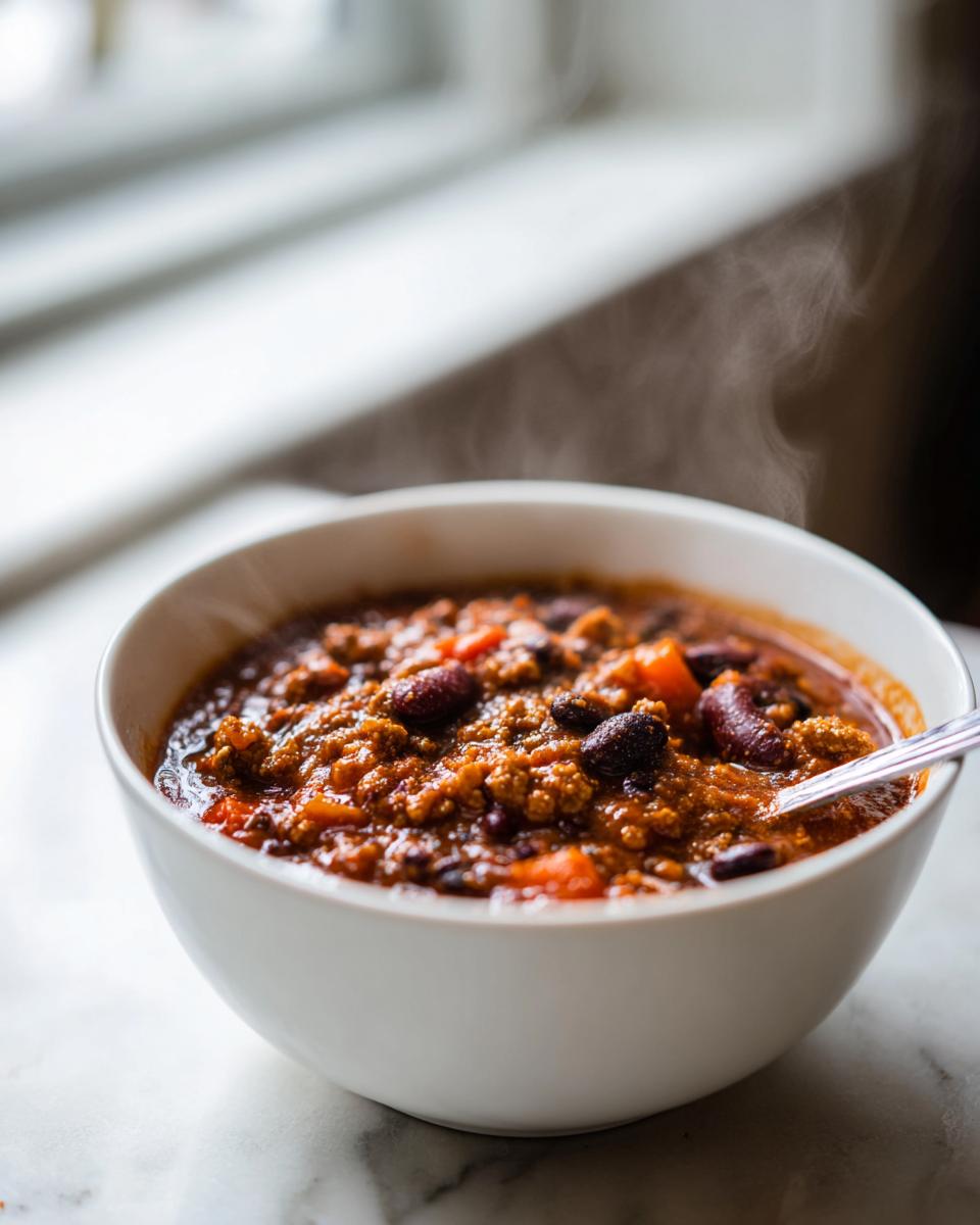 A close-up of a steaming white bowl filled with rich, hearty pumpkin chili containing beans and ground meat.