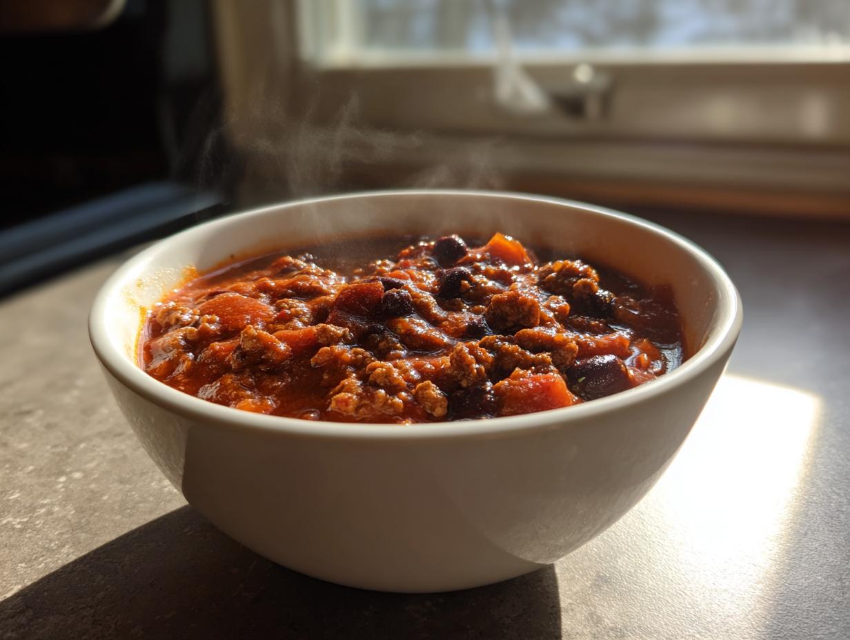 A steaming white bowl filled with rich, hearty pumpkin chili featuring ground meat and beans, set near a window.