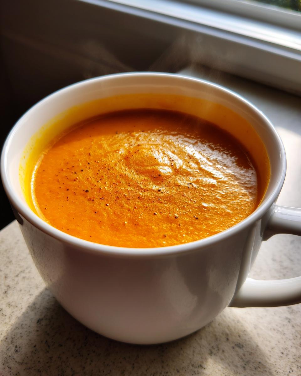 Close-up of steaming hot, vibrant orange squash soup served in a white mug.