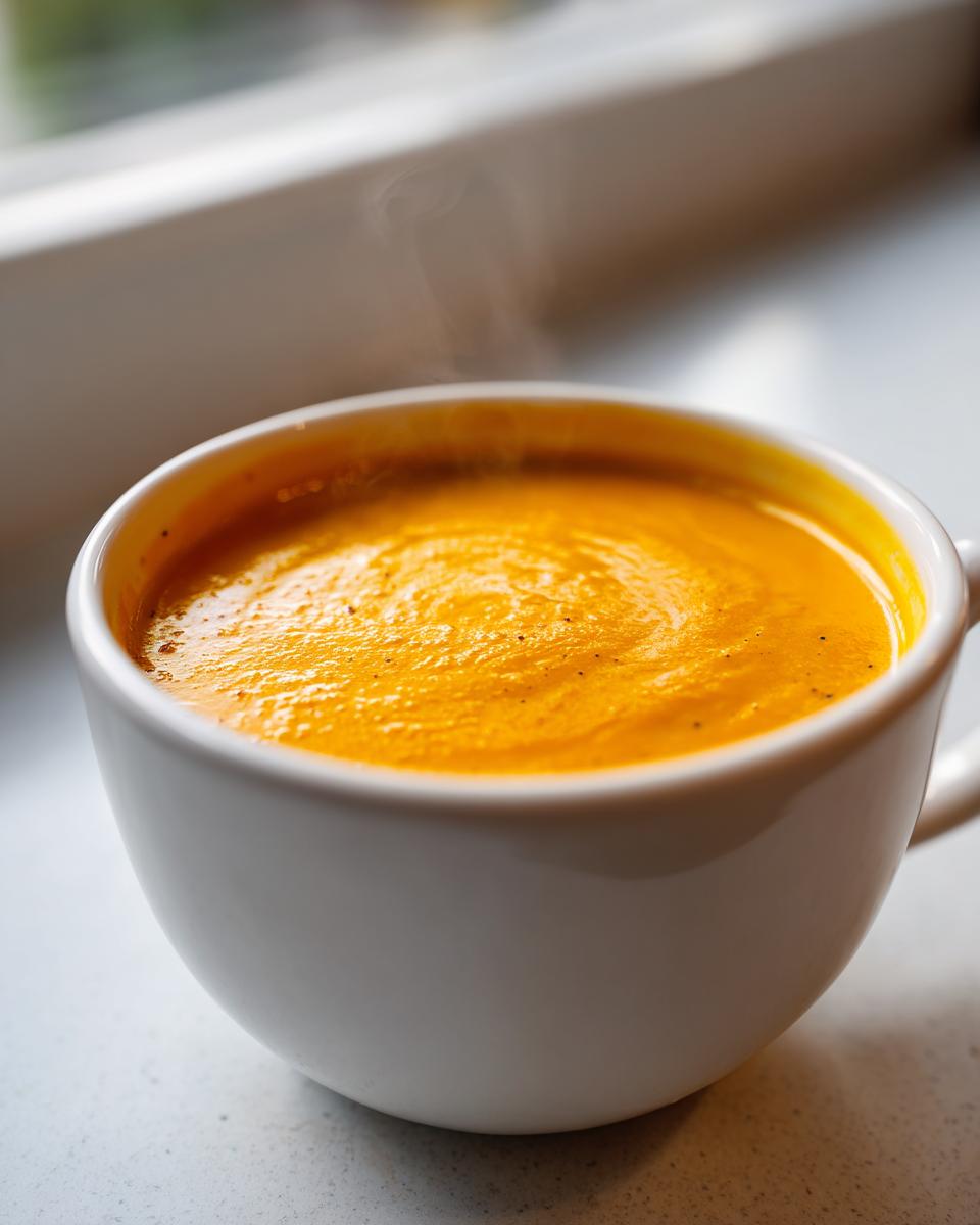 Close-up of steaming hot, bright orange squash soup served in a white mug by a window.