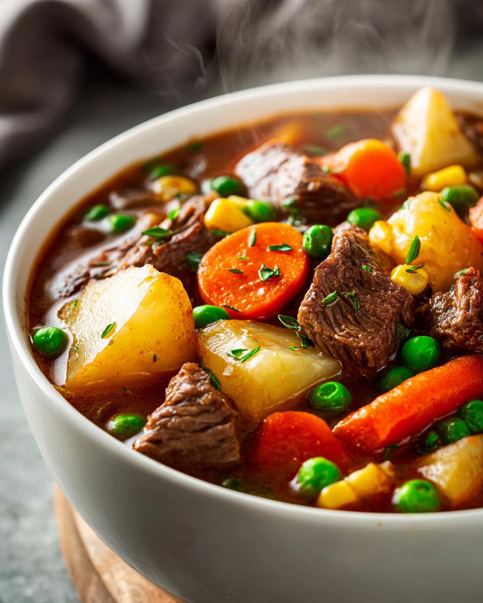Close-up of a steaming white bowl filled with rich vegetable beef soup, featuring chunks of beef, potatoes, carrots, and peas.