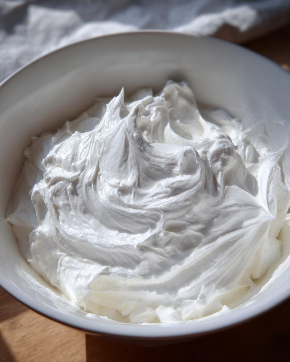Close-up of thick, stiff white royal icing in a bowl, perfect for gingerbread house icing.
