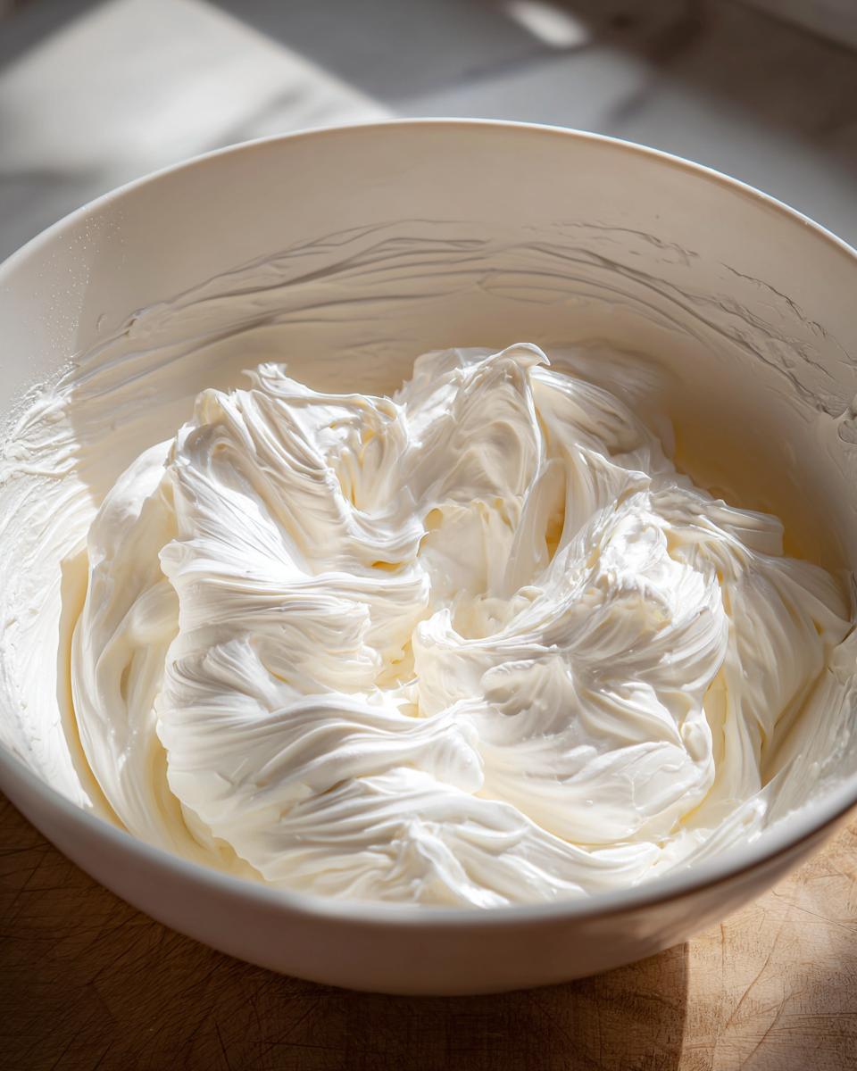 Close-up of stiff, perfectly whipped gingerbread house icing in a white mixing bowl.