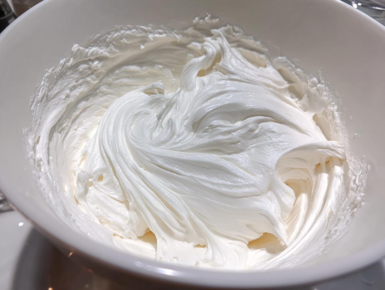 Close-up of stiff, bright white royal icing mixture in a white bowl, perfect for gingerbread house icing.