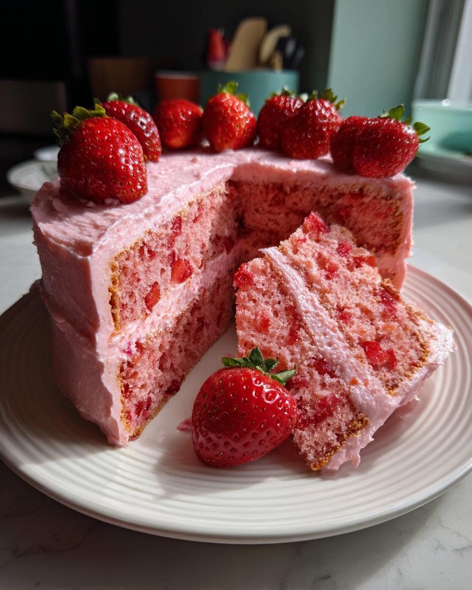 A slice cut from a pink, two-layer strawberry cake topped with fresh strawberries.