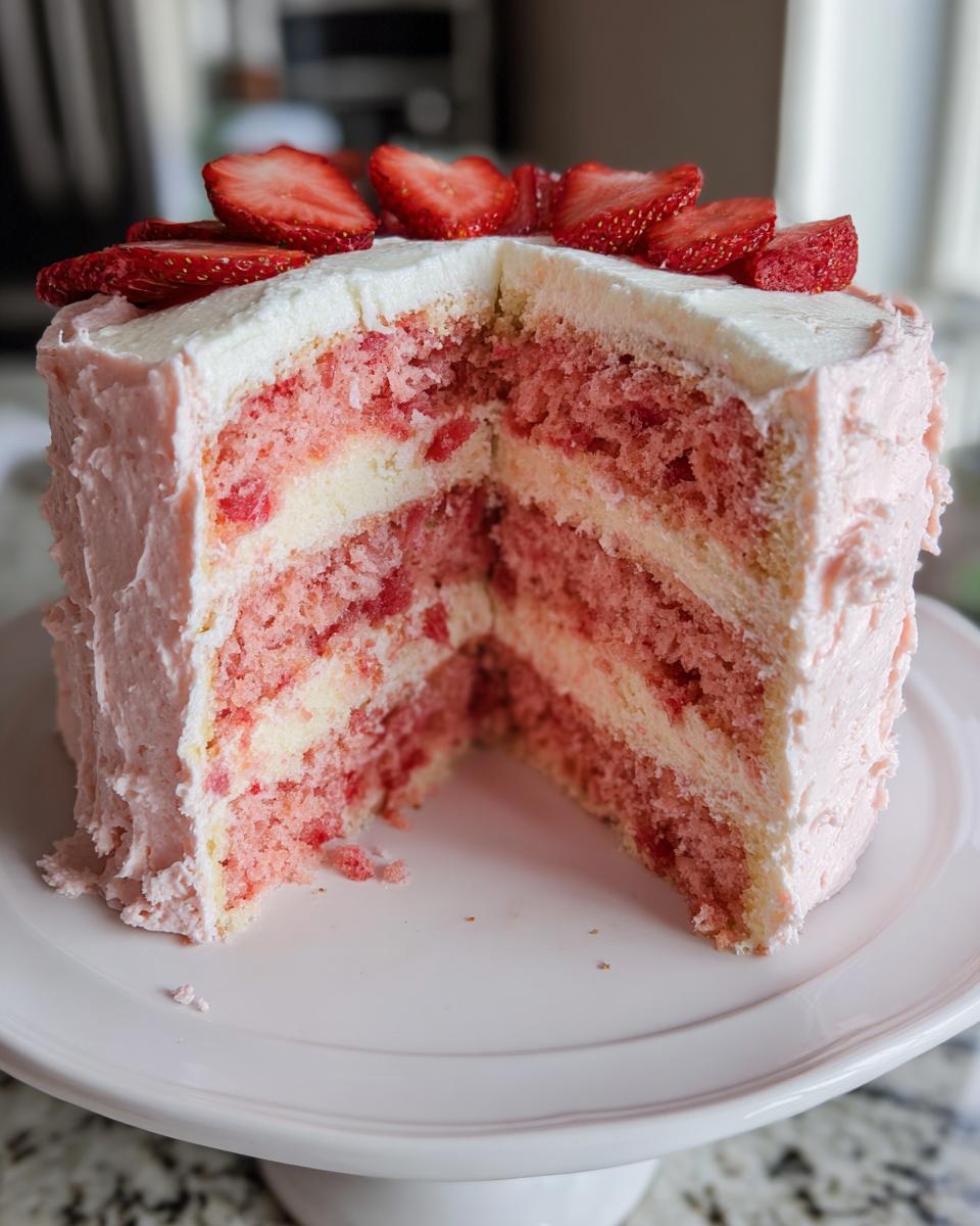 Cross-section view of a layered strawberry cake with pink frosting and fresh strawberry slices on top.