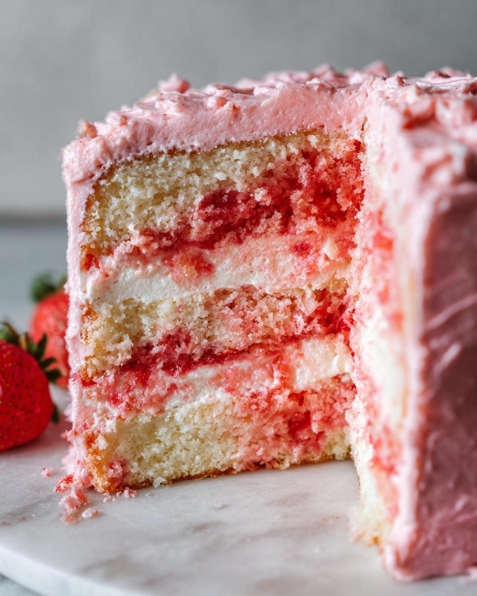 Close-up of a slice of moist strawberry cake showing three layers of vanilla cake, strawberry filling, and pink frosting.