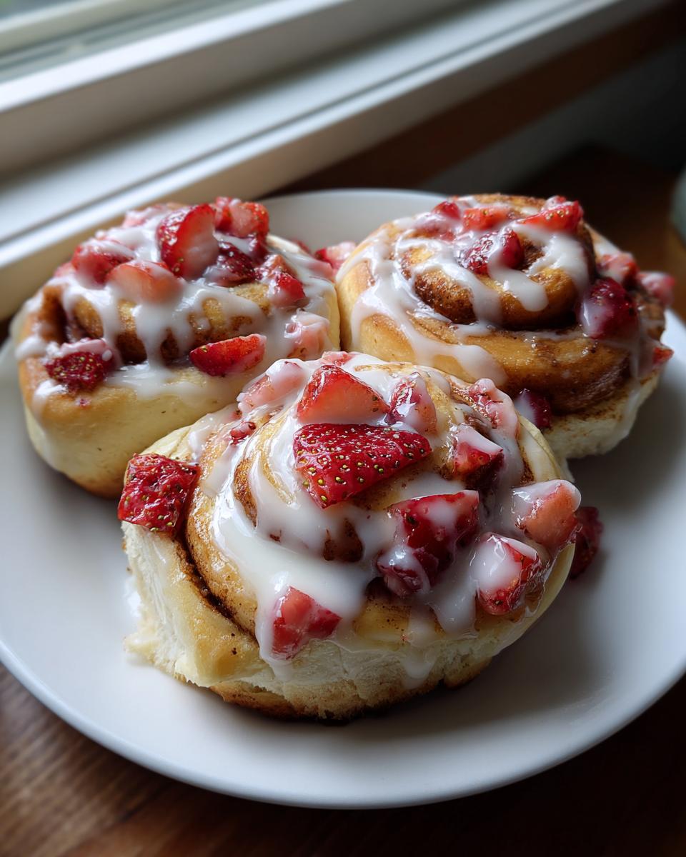 Three delicious Strawberry Cheesecake Sweet Rolls topped with white icing and fresh diced strawberries.