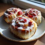 Three freshly baked Strawberry Cheesecake Sweet Rolls drizzled generously with white cream cheese icing and topped with strawberry pieces.