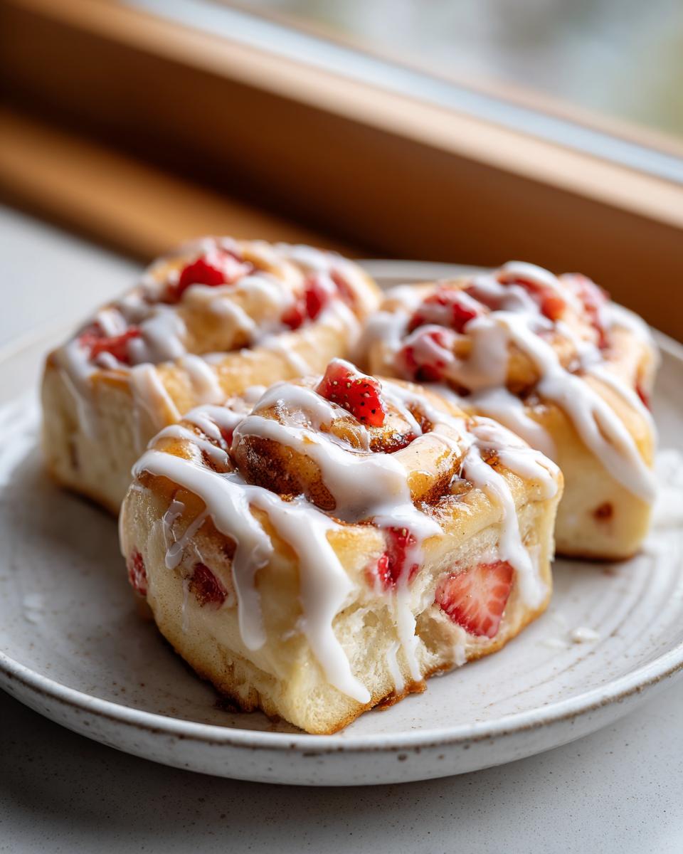 Three soft Strawberry Cheesecake Sweet Rolls drizzled heavily with white cream cheese icing and topped with fresh strawberry pieces.