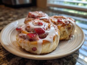 Three freshly baked Strawberry Cheesecake Sweet Rolls covered in thick white icing and topped with diced strawberries.