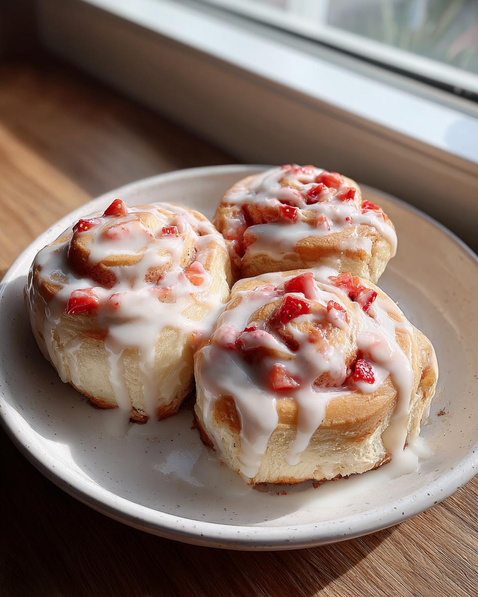 Three freshly baked Strawberry Cheesecake Sweet Rolls drizzled with white icing and topped with diced strawberries.