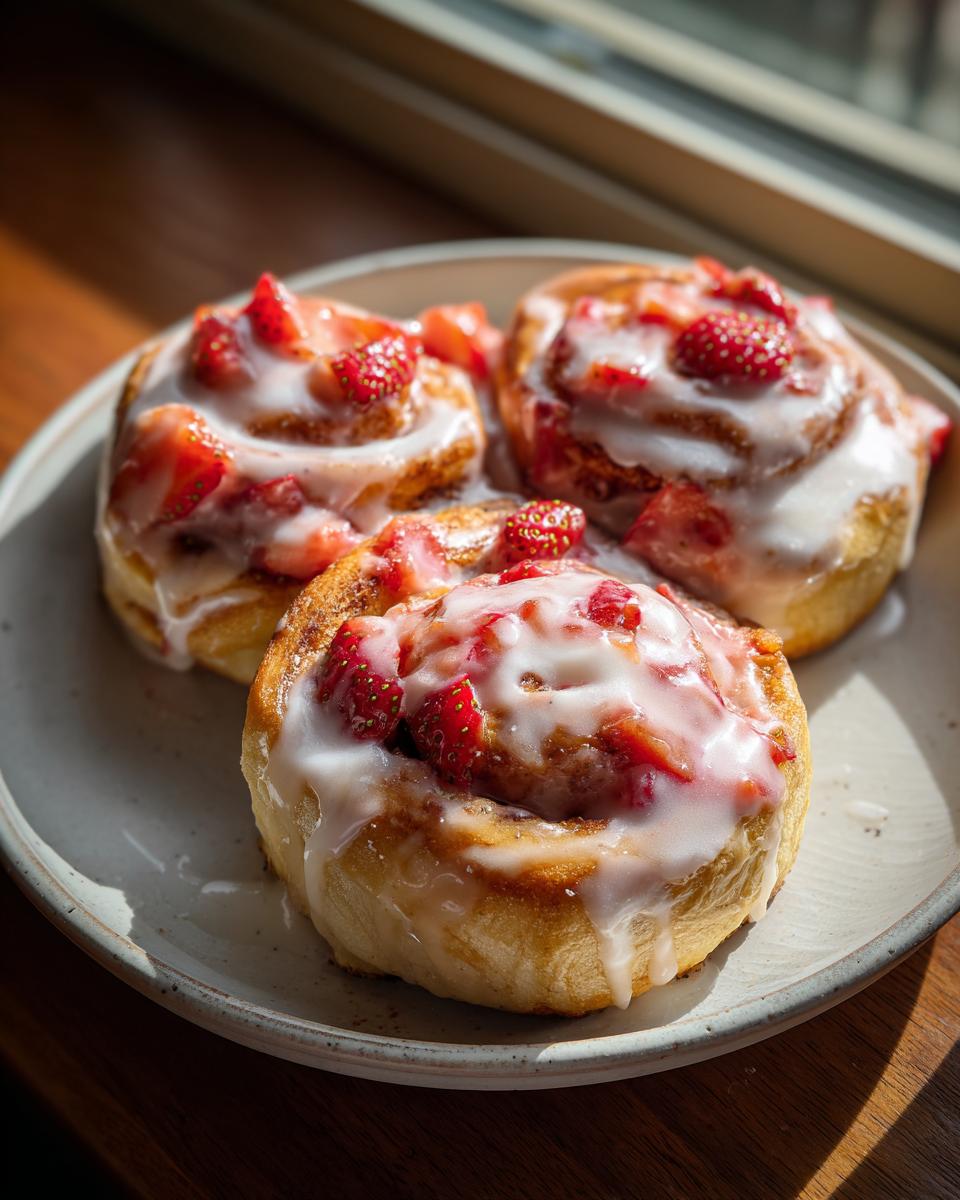 Three freshly baked Strawberry Cheesecake Sweet Rolls topped with white glaze and chopped strawberries, sitting on a plate.