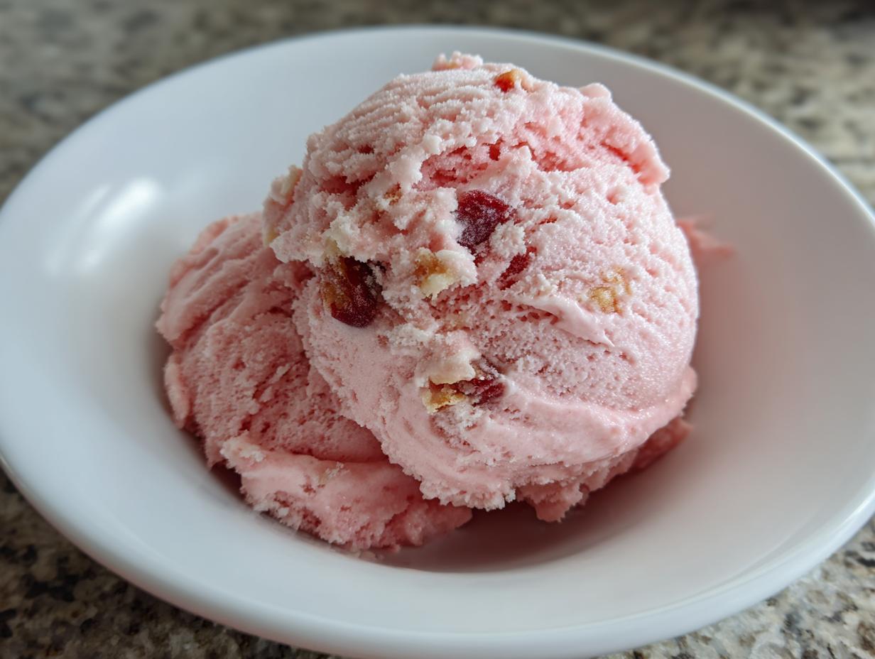 Two scoops of pink strawberry ice cream with visible fruit pieces served in a small white bowl.